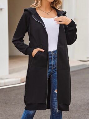 Elesol Womens S Zip Up Fleece Hoodie Tunic Sweatshirt Long Jacket Black Casual